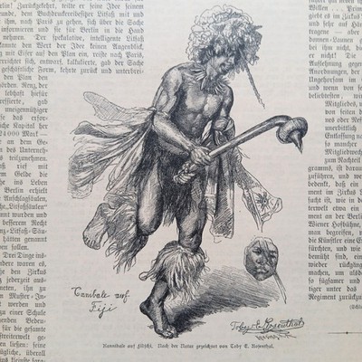 1885 Holzstich wood engraving Kannibale Fiji Cannibal Toby Rosenthal Pacific