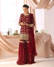 Indian Wedding Sharara Set Maroon Heavy Work Dupatta Festive Ready to Wear Suit
