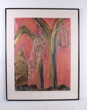 Mid-Century Modern Abstract Autumn Forest Landscape Oil Painting in Ornate Gilt Frame — listing 6