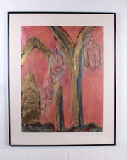 Mid Century Red And Gold Abstract Mixed Media Painting Signed Nail