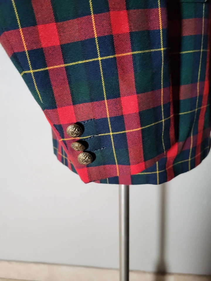 40R Vintage Red Green Blue Wool Pinpoint Tartan Plaid Blazer Jacket Sport Coat - Image 3 of 4