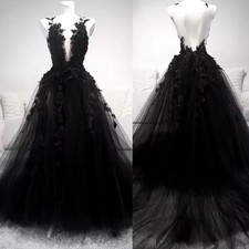 Black V-Neck Tulle Wedding Gown Lace Long Boho Dress A-Line Bridal Gowns