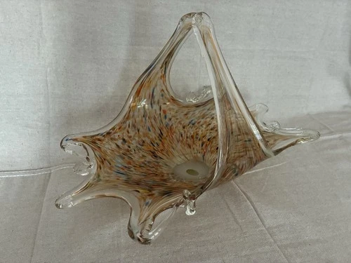 VTG Murano Pulled Art Glass Large Basket with Handle Murano Sticker. Orange/Blue