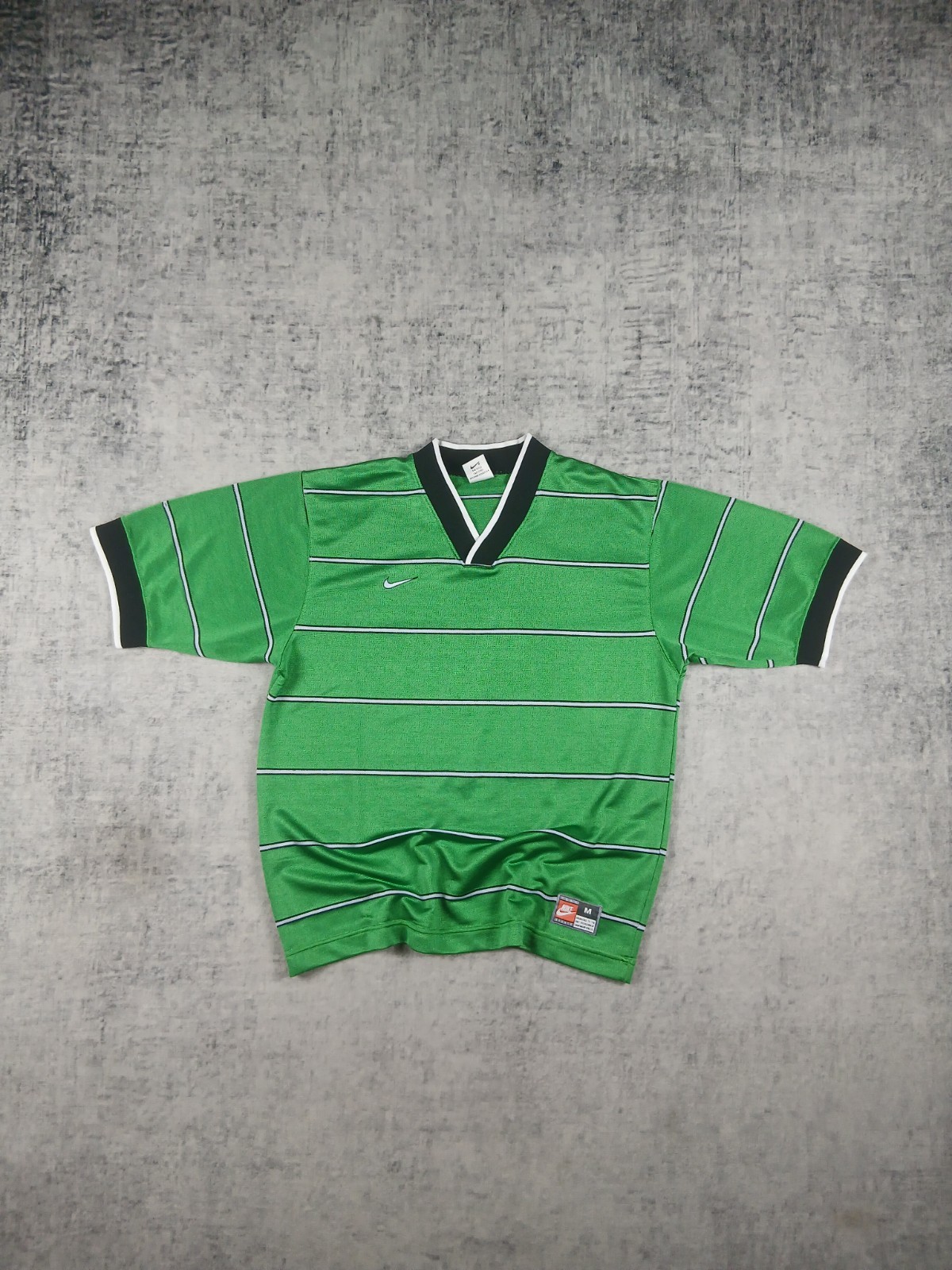 Nike Vintage 90s Center Swoosh Jersey T-Shirt Green Striped V-Neck Made in USA
