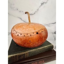 Vintage Hand Carved Dried Gourd Lidded Bowl Etched Folk Art Decorative Pot Brown