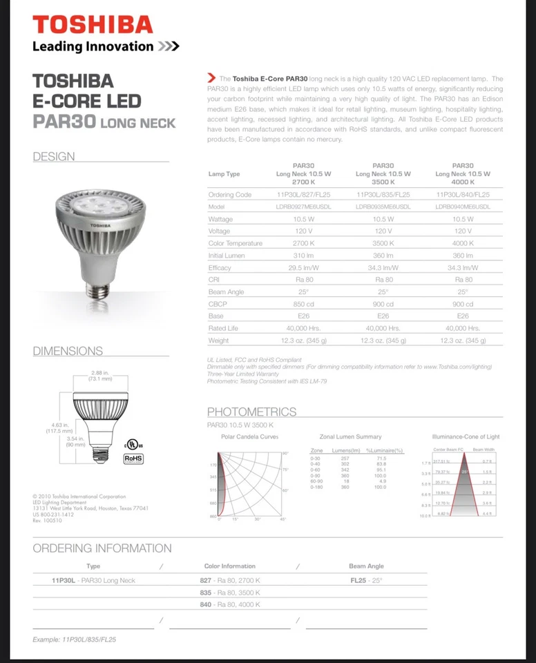 2 Toshiba ECORE Par 30 Long Neck 10.5W 4000K Bulbs - Image 2 of 2