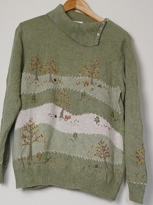 Vintage 90s Alfred Dunner Sage Green Autumn Tree Embroidered Jumper - UK 10/12
