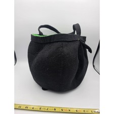 Handmade Black Felt Witch Cauldron Bag Green Satin Lining Halloween Costume Pail