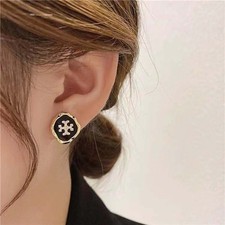 Iconic Black/Gold   Tory Burch Logo Stud Earrings  Bestseller Style