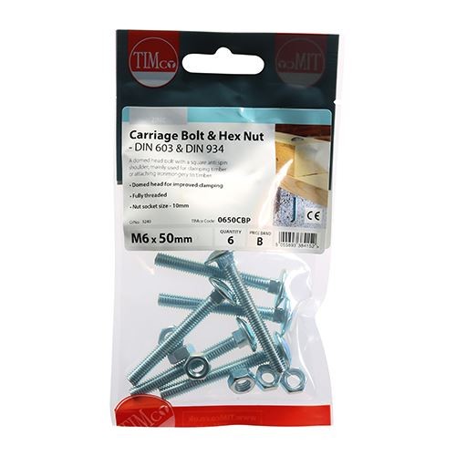 TIMCO Carriage Bolt & Hex Nut - BZP M6 x 50 Silver Pack 6