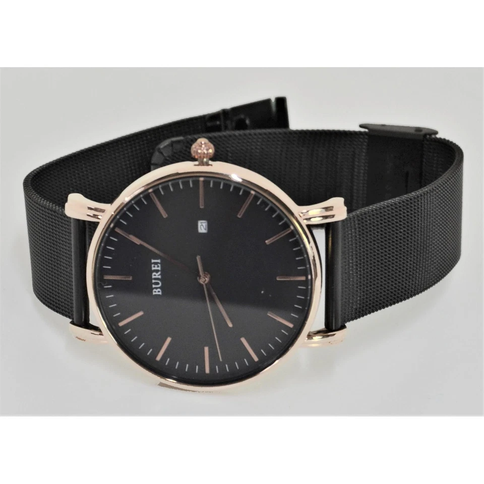 Burei Men's Wrist Watch with Stainless Steel Mesh Band Black and Rose Gold Foto 2 de 4