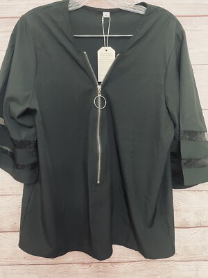 NWT Made With Love Womens Top Large Black Zip Neckline Sheer Sleeves