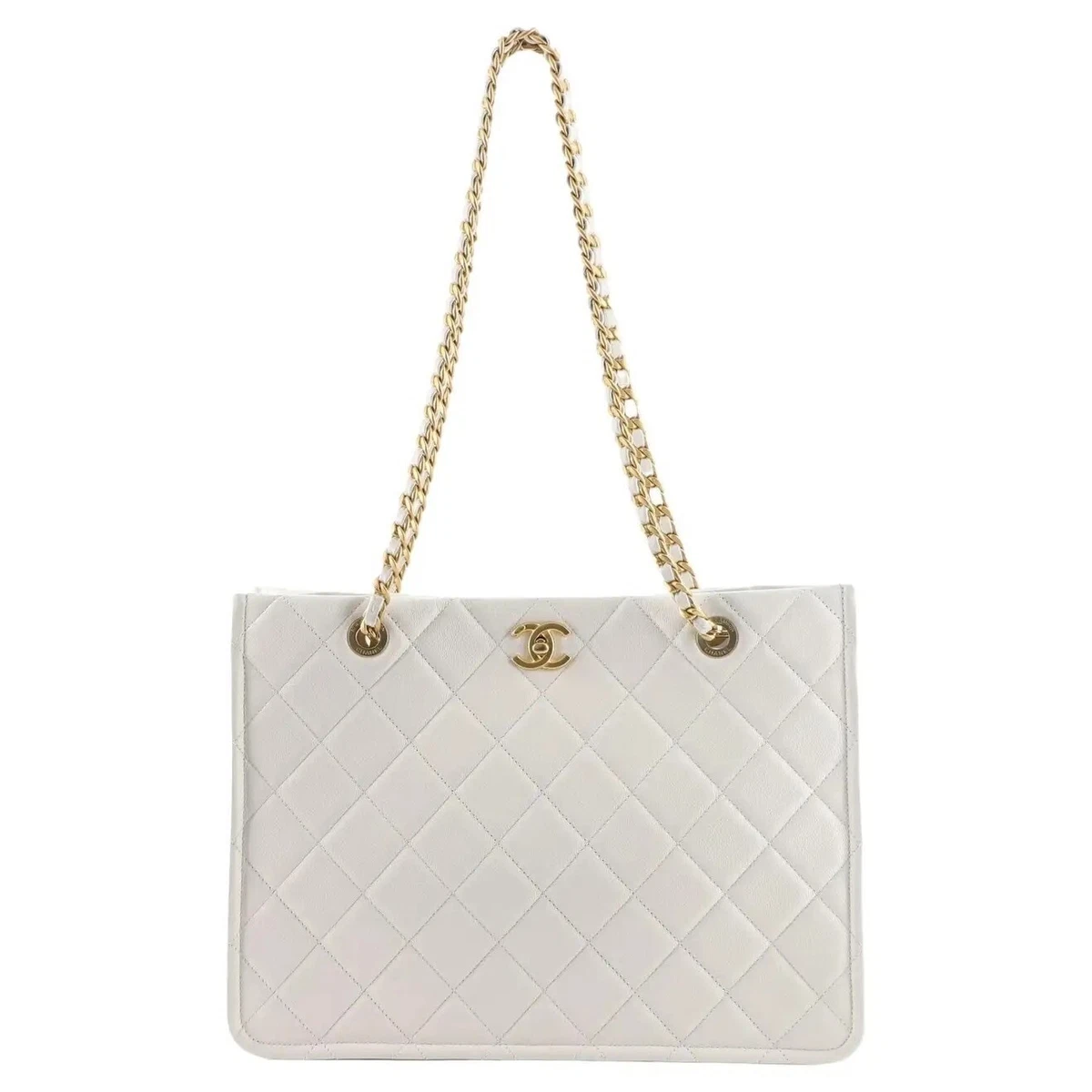 CHANEL White Quilted Caviar Leather CC Chain Large Shopping Tote Shoulder  Bag