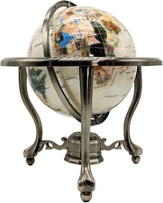 Limited Edition!  Pearl Swirl Table Top Gemstone World Globe with Tripod Silver