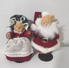 Ceramic Bears Santa Mrs Claus Figure Anco 1997 Movable Limbs Metal Stands Velvet