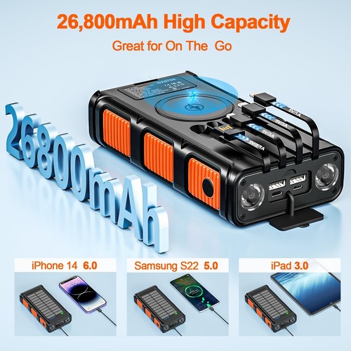 Wireless Solar Powerbank 38800mAh mit Handkurbel USB-C PD 3A Externer Akku - Zdjęcie 4 z 8