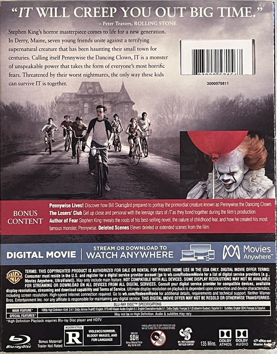 Stephen King's IT 2017 Blu-ray/DVD with Slipcover- Scary Horror