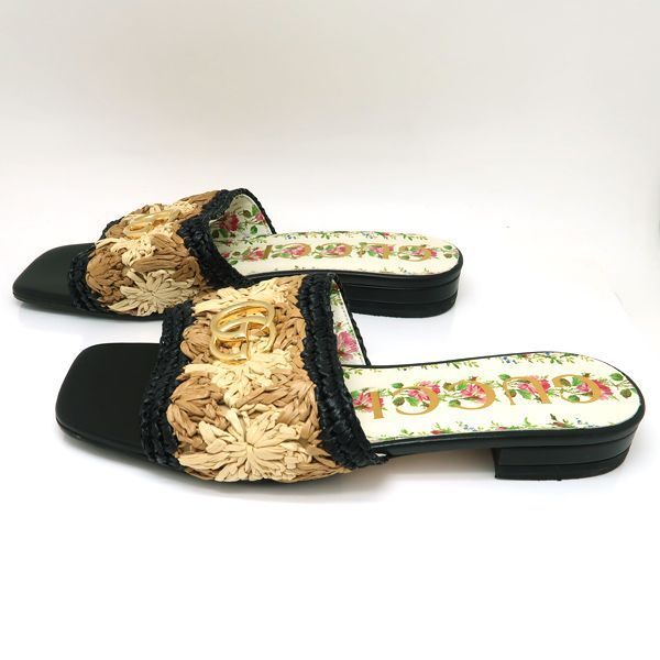 GUCCI GG Marmont Raffia Floral Flat Sandals #39 Size