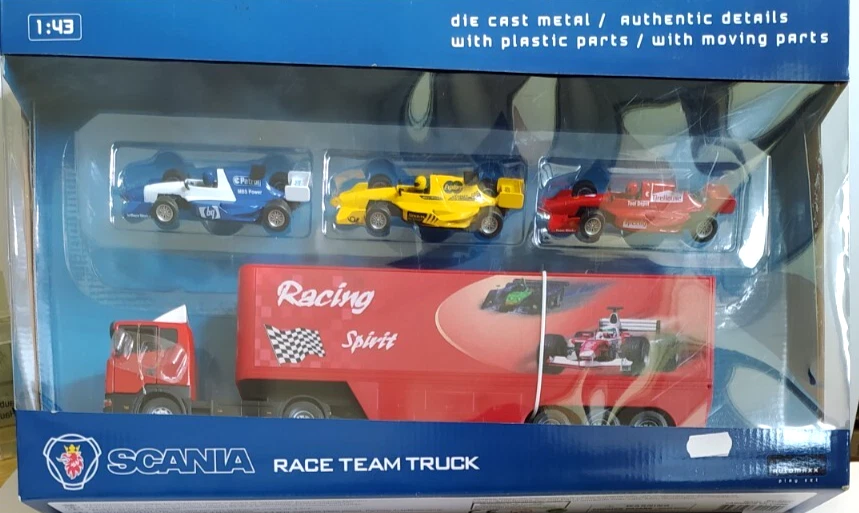AUTOMAXX PLAY SET 1:43 DIE CAST CAMION SCANIA RACE TEAM TRUCK + 3 AUTO F1 2202 - Immagine 2 di 2