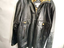 Adrian Jordan Black Leather Hooded Jacket with Leopard Design Lining Size 18/20