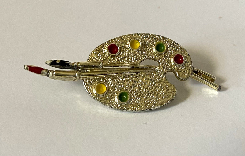 Gold Tone Artist Paint Palette & Brush Oval Metal Brooch Pin, Art Theme