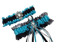Wedding Garter Set Turquoise Blue Black Satin Lace prom bridal homecoming toss