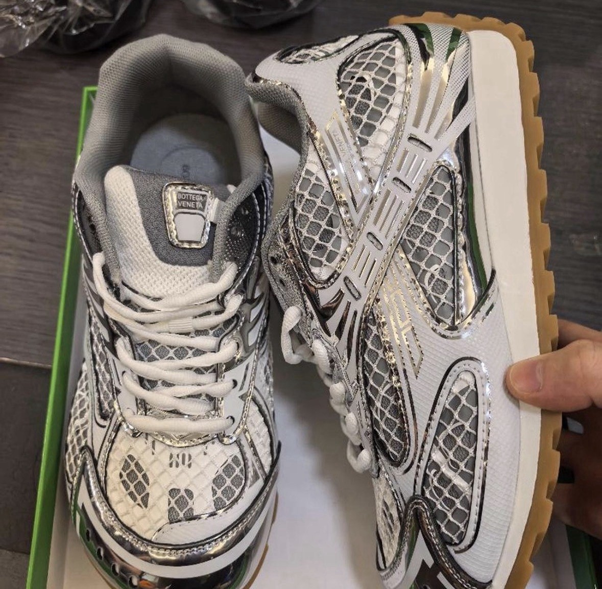 Bottega Veneta Orbit Sneakers Silver/White, Size 43