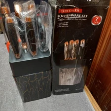 Set Of 5 Kitchen Knives Scissors And Holder Gold Tone Handles