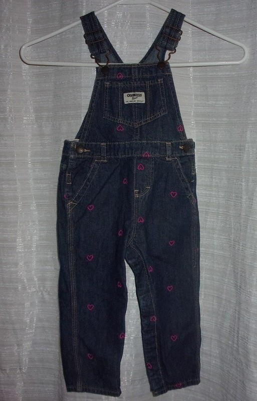 Oshkosh B’Gosh Toddler Overalls w Embroidered Pink Hearts Snap Crotch 24 Mo