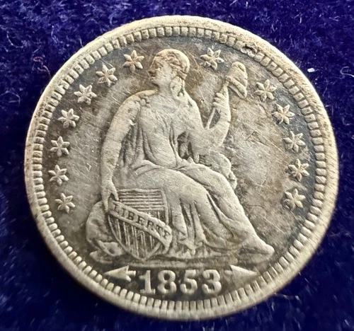 1853 10C Arrows Liberty Seated Half Dime Sharp Details Some Coloring to Surface