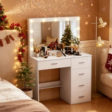 11 LED Lighted Mirror Dresser Table with 5 Drawers Makeup Desk 3 Light Colors