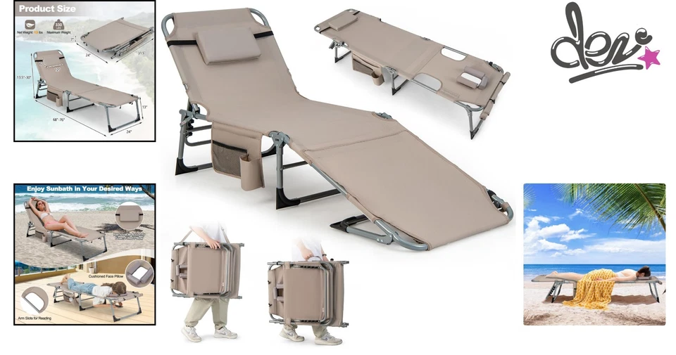 Silla de Bronceado, Sillón de Playa Plegable Exterior con Orificio para Cara/Brazo, 2 Transportes... Foto 2 de 4