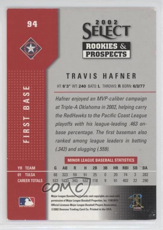 2002 Select Rookies & Prospects Auto Travis Hafner (Black Ink) #94 Auto - Image 2 of 2