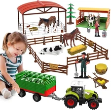 Farm Animal Toys Set,69 Pcs Farm Toys with Tractor with Trailer,Horse Stable Gra