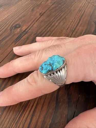 VTG ROBERT LEEKYA RLB (ZUNI) Turquoise Old Pawn RING W BLACK CHART SZ 11 Silver!