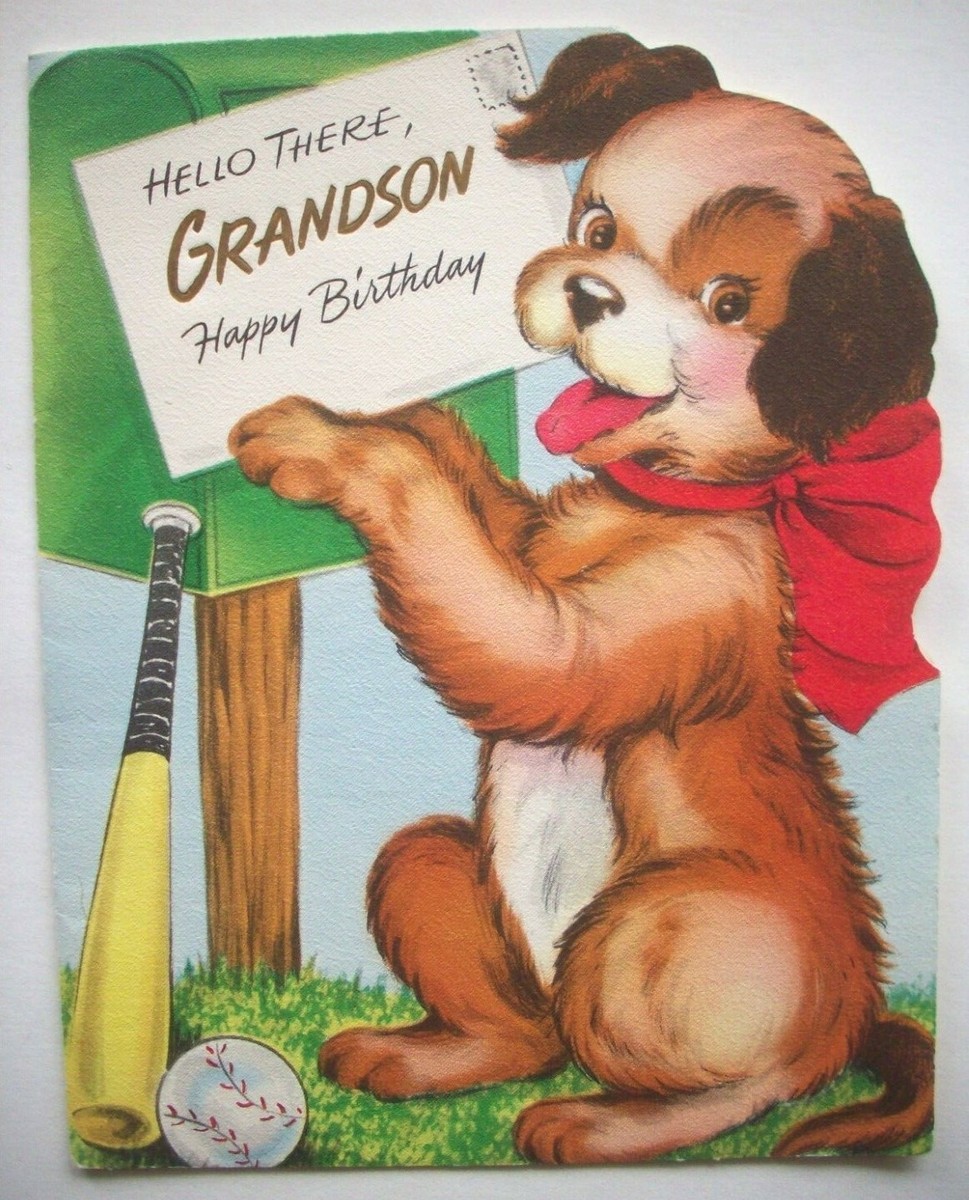 50's Dog with Baseball bat ball To Grandson vintage Birthday