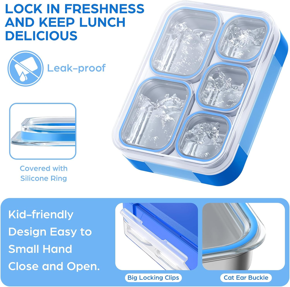 Stainless Steel 5-Compartment Leakproof Bento Lunch Box for Kids and Adults