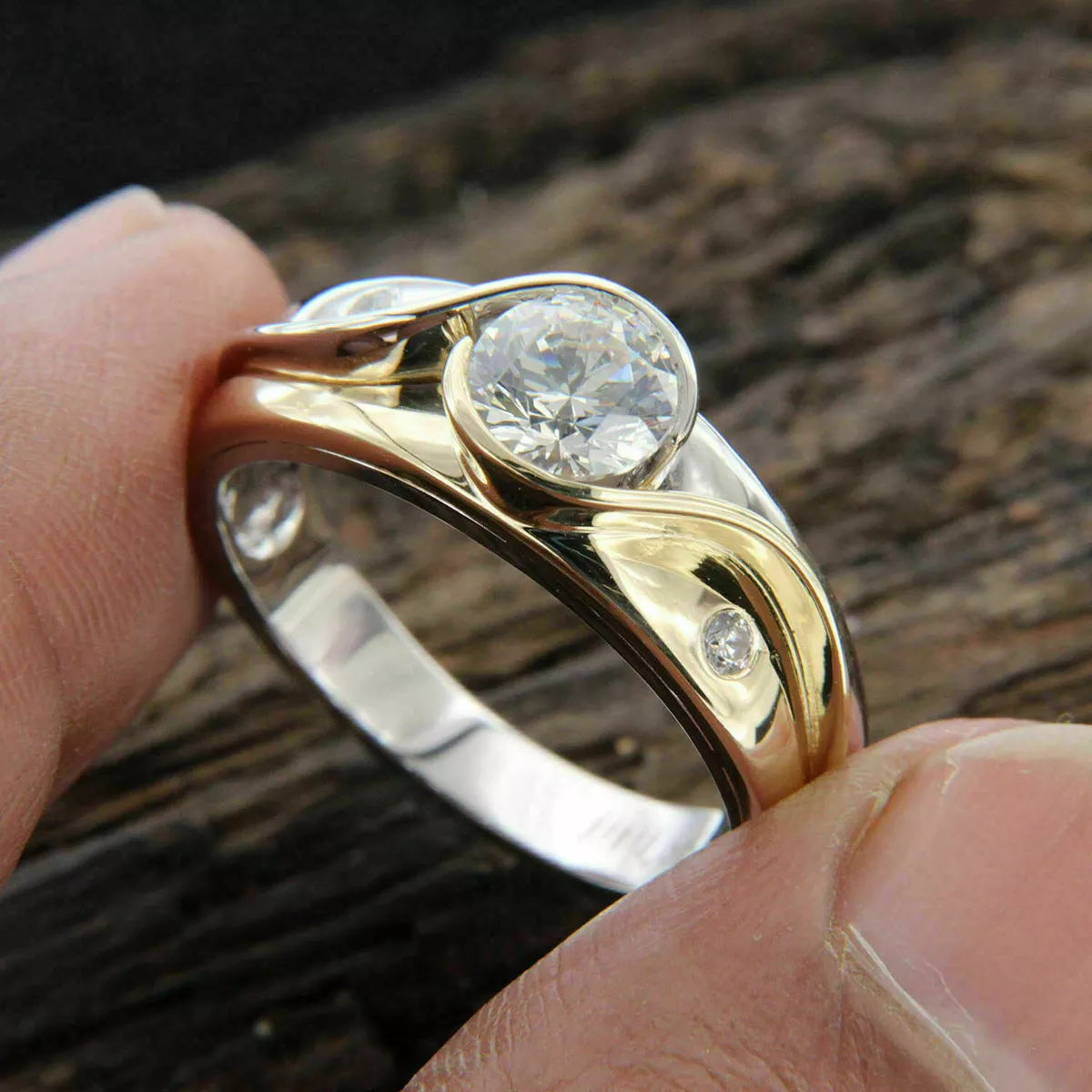 1Ct Round Cut VVS1 D Diamond Two Tone Engagement Ring 14K Yellow