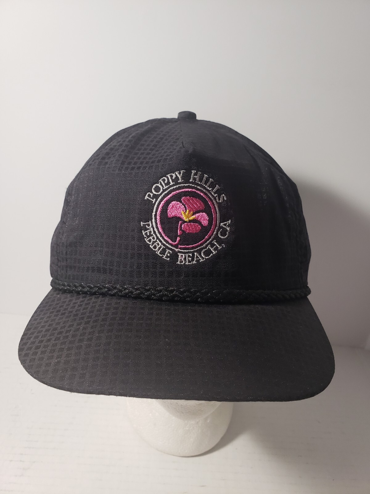 Vtg Pebble Beach poppy hills Golf Hat Black rope em… Gem