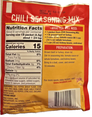 Nutrition Facts Cincinnati Chili Mix Packets Chili Recipe Mrs Dash