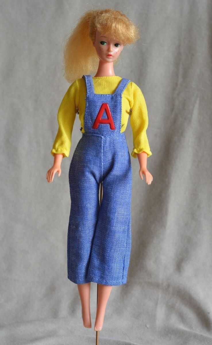 Vintage Barbie Clone Mod Denim Overalls W Letter and Yellow 