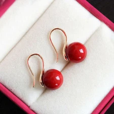 Genuine 10mm Coral Red Sea Shell Pearl 14k Gold Plated Hook Dangle Earrings