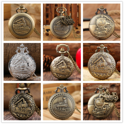 Bronze Locomotive Pocket Watch Steam Train Railway Quartz Timepiece with Chain
