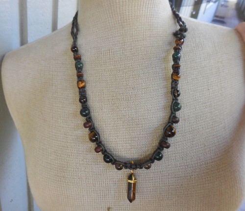 Tigers Eye Double Terminated Point Adjustable Hemp Necklace w Agate Smoky Quartz - Bild 4 von 7
