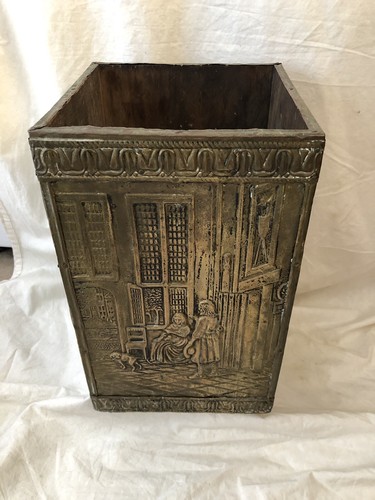 Antique Brass Repousse over Wood Kindling Box Trash Can Victorian Children Dog - Picture 2 of 11