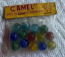 One Bag Of 14 Vintage Camel Cat's Eye Glass Marbles Mint in Package JAPAN