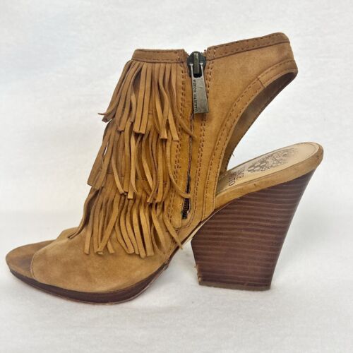 Vince Camuto Brown Jadon Open-Toe Fringe Ankle Booties 4”Block Heel Size 6 - Picture 2 of 17