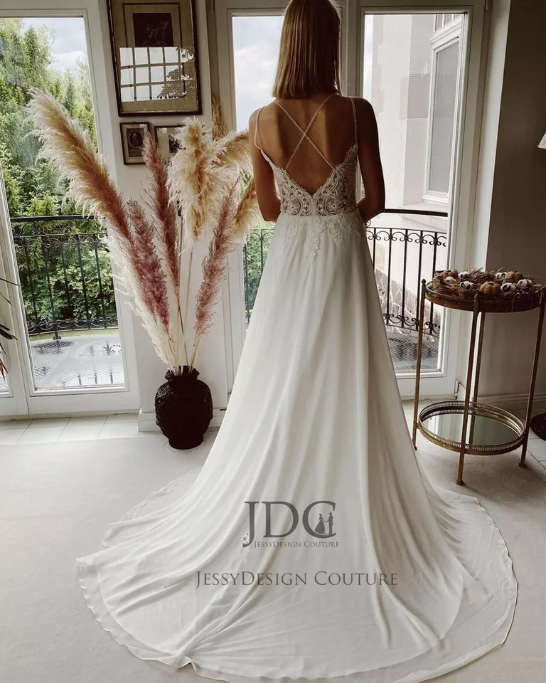 Einzigartige Chiffon Brautkleid Hochzeitskleid Rückenfrei Maßgeschneidert - Bild 3 von 4