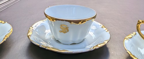 Gold on White 3 Cups & 3 Saucers Early 1900's J.P.L France "S" Monogram Mint Co - Picture 7 of 24