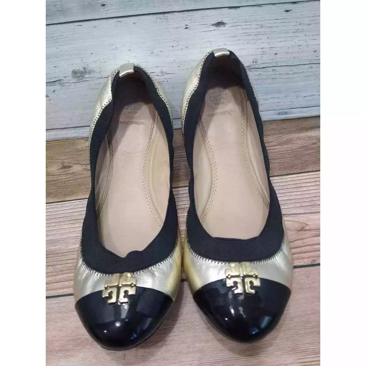 TORY BURCH JOLIE BALLET LEATHER FLATS IN GOLD Size 7.5